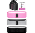 Set of pink, gray, and black resistance bands with carrying bag on a white background